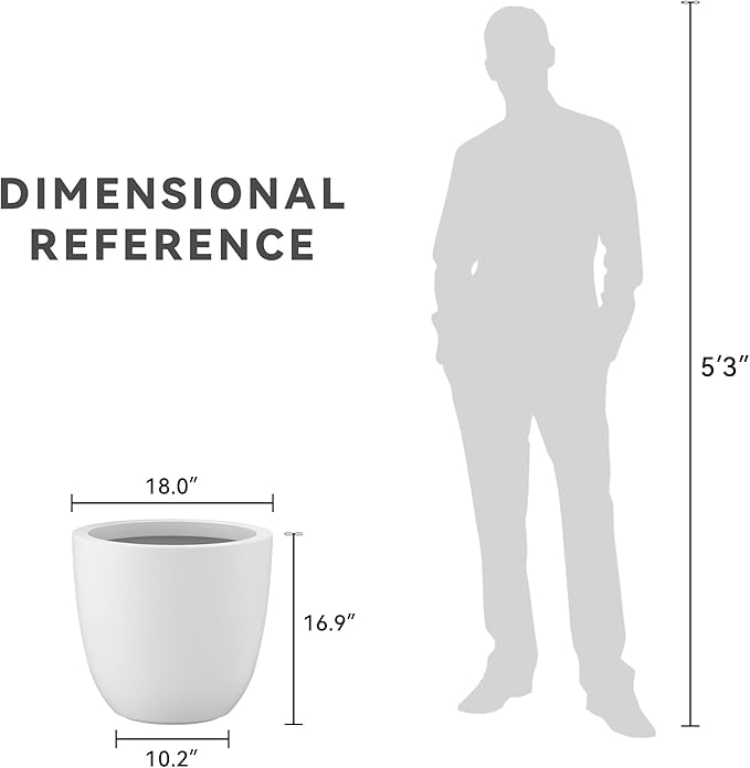 Kante 18 Inch Dia Round Concrete Planter, Indoor Outdoor Large Plant Pot with Drainage Hole and Rubber Plug for Home Patio Garden, Pure White