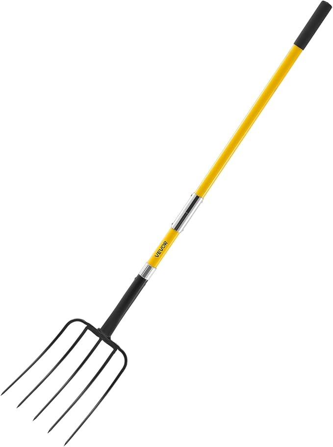 VEVOR Garden Fork, 5-Tine Gardening Pitchfork with Fiberglass Handle, 57 in Heavy Duty Digging Fork with Y Grip, Forged Steel Spading Fork for Hay Potato Composting Transplanting Aeration