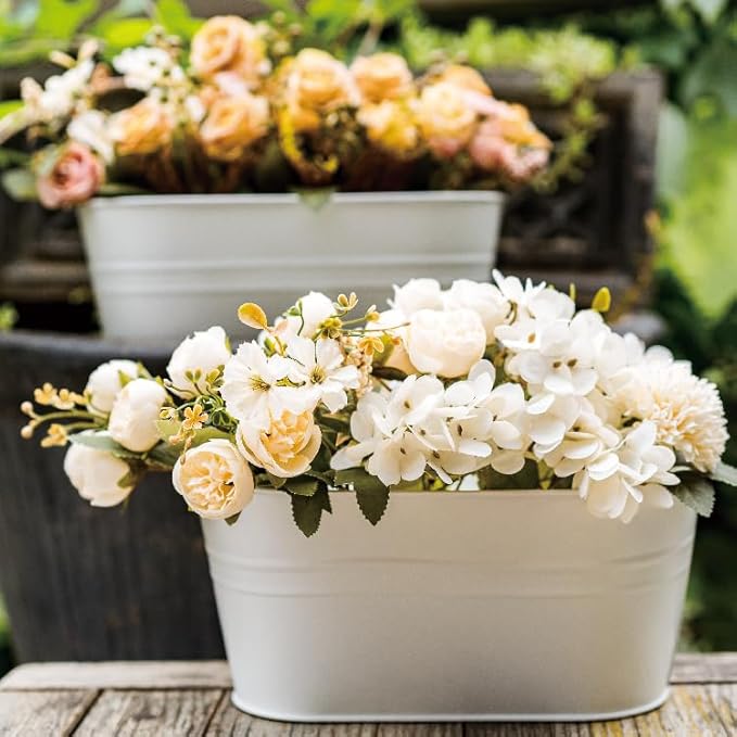 5 Pack Metal Hanging Flower Pots for Railing Fence,Outdoor Balcony Rail Planter with Garden Tools Detachable Hooks Drainage Holes for Deck Garden Home Decor White