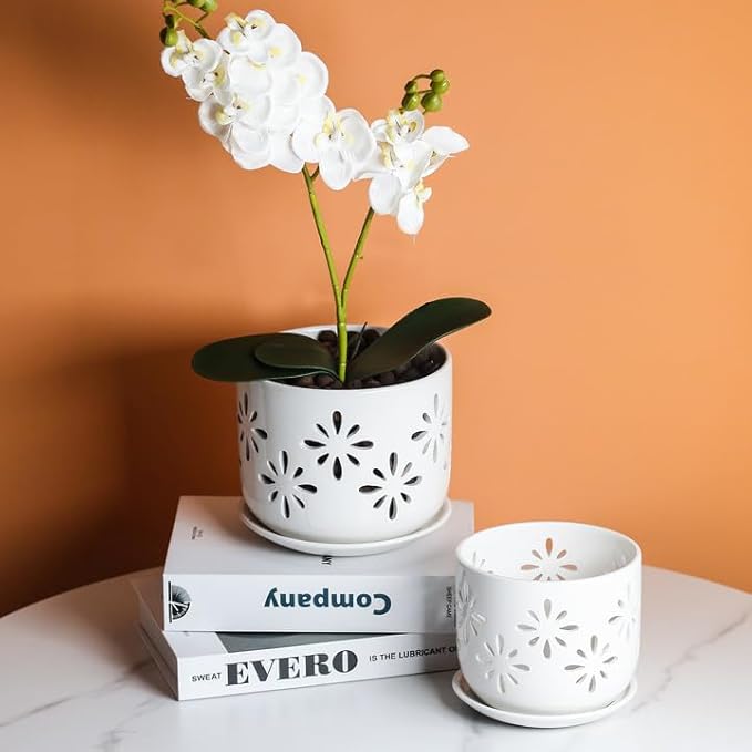 EFISPSS Orchid Pot-5+6 Inch,Ceramic Drainage Orchid Pots with Holes, Enhance Good Ventilation and Drainage,Orchid Pots Indoor/Outdoor Plants or Repotting