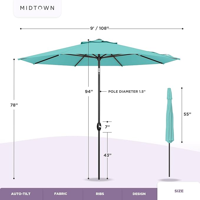 Midtown Umbrellas 10-Year-No-Fade - 9 Ft - UV Proof Yellow Polyester Fabric - Umbrella Outdoor Patio, Auto-Tilt Aluminum Frame Patio Umbrella for Garden, Pool & Deck - Black Pole
