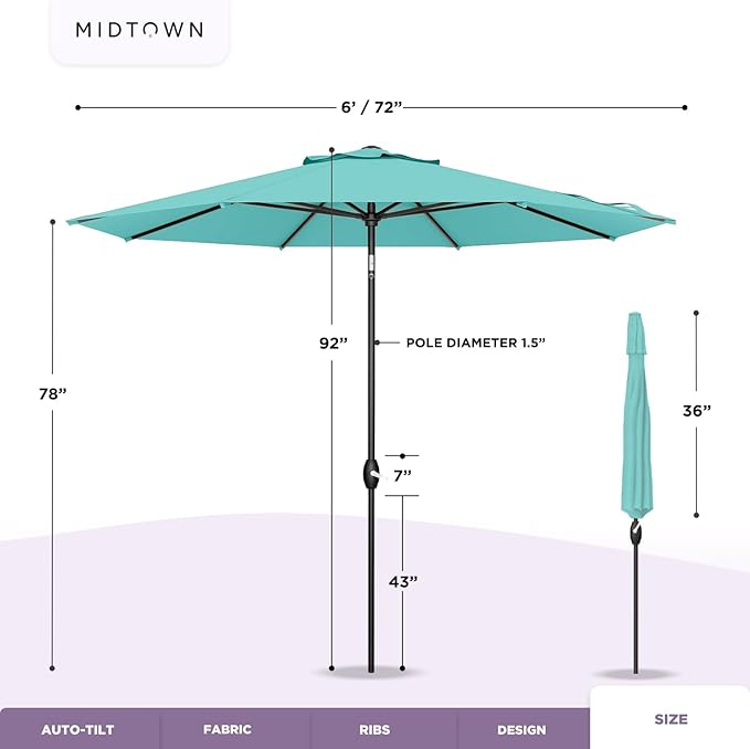 Midtown Umbrellas 10-Year-No-Fade - 6 Ft - UV Proof Blue Polyester Fabric - Umbrella Outdoor Patio, Auto-Tilt Aluminum Frame Large Patio Umbrella for Garden, Pool & Deck - Black Pole