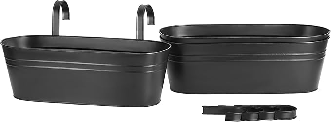 Dahey 3 Pcs Metal Hanging Flower Pots for Railing Fence Outdoor Planter 15.7 Inch Hanging Bucket Pots Countryside Window Flower Plant Holder with Detachable Hooks for Garden Yard Home Decor,Black