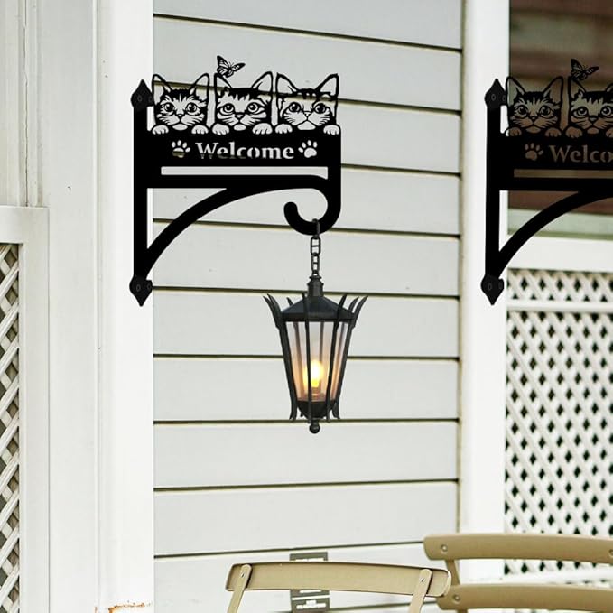 peacoblue Iron Plant Hangers Hooks Cat with Welcome for Outdoor Indoor Hanging Plants Flower Fern Pots Lantern Bird Feeder, 12"x15" Weather Resistant Metal Wall Holder for Porch Garden Farmhouse