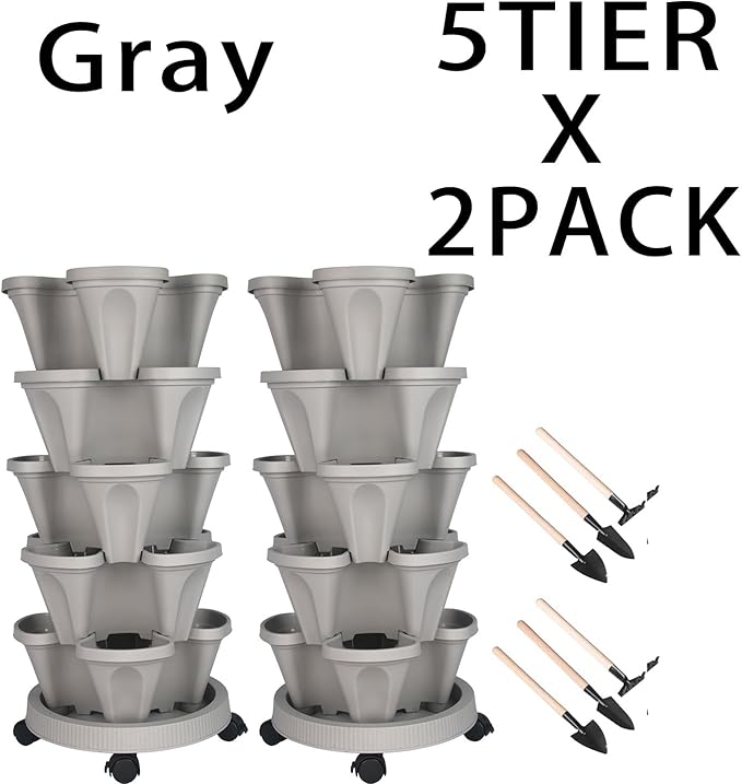 Vertical Planter 5 Tier Stackable Planters Garden Planters Strawberry Herb Flower and Vegetable Planter Indoor Outdoor Gardening Pots with Removable Wheels and Tools 2-Pack