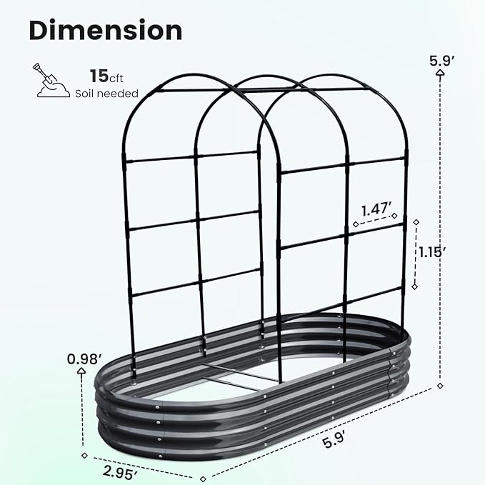 KING BIRD Raised Garden Bed with Arched Trellis Galvanized Planter Garden Box Outdoor for Gardening, Climbing Vegetables, Flowers 5.9x2.95x0.98 Ft, Dark Grey