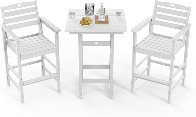 3-Piece HDPE Outdoor Bar, Outdoor Bar Stools and Outdoor Bar Table with Heart Cutout Design, All Weather Bistro Set Outdoor for Patio, Porch, Pool (White)