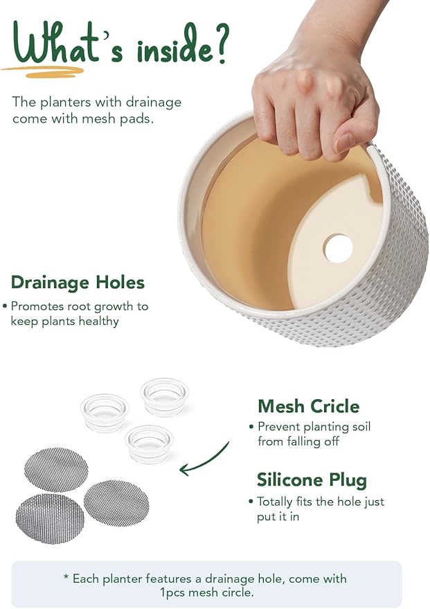 LE TAUCI 6+8+10 Inch Plant Pots Indoor, Ceramic Planter Pots for Plants, Raised Dots Flower Pots Indoor for Home and Office, Mid-Modern Century Pots with Drainage Hole and Plug, Glaze Arctic White