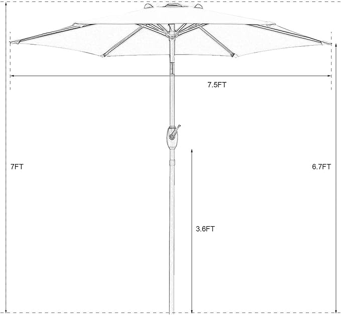 Aok Garden 7.5 ft Patio Umbrella Outdoor Market Umbrella Tilt Button and Crank 6 Ribs for Deck Lawn Pool& Backyard