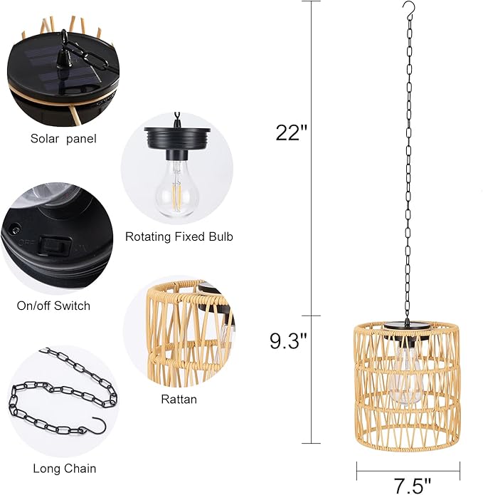 Solar Chandelier Lantern,Outdoor Rattan Pendant Lights,Waterproof Boho Hanging Lamps with Edison Bulb for Gazebo Tree Porch Yard Porch Patio Garden Backyard Decor
