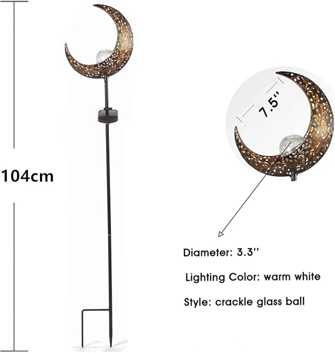 SunKite 2 Pack Garden Solar Light Outdoor Metal Moon Shape Lamp with Waterproof Crackle Glass Globe for Garden,Lawn,Patio,Pathway or Courtyard