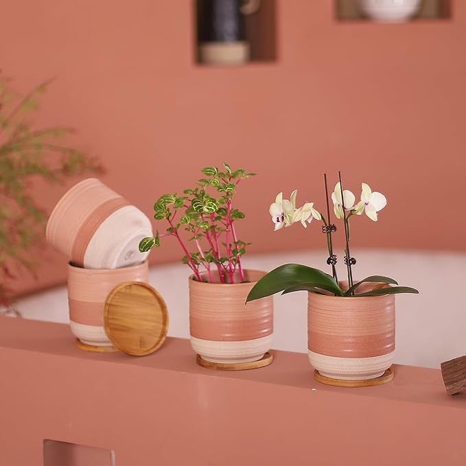 5.25 Inch Ceramic Planter Pot for Indoor Plants with Drainage Holes, Coarse Glazed Gradient Color Flower Planter Pots with Bamboo Saucer, for Succulent, Snake Plants, Cactus & Herbs, Set of 4