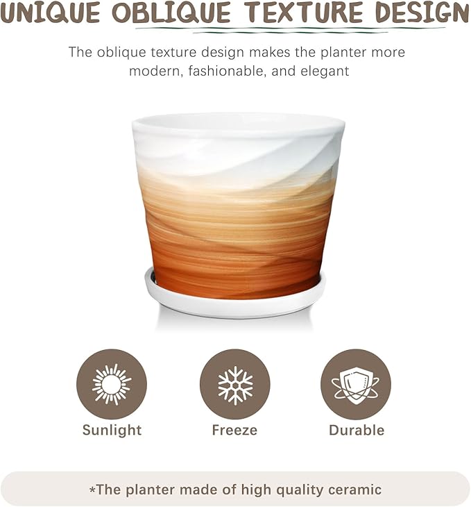 8 Inch Plant Pot, Ceramic Planter with Drainage and Saucer, Ceramic Pots for Plants, Indoor Plant pots, Flower pots,Modern Planter(Khaki + White)