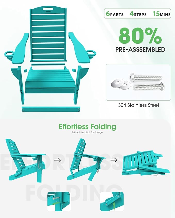 Adirondack Chairs Set of 6, Outdoor Fire Pit Chairs, HDPE All-Weather Adirondack Chairs with Cup Holder, Lawn Chair for Deck, Patio, Garden (Lake Blue)