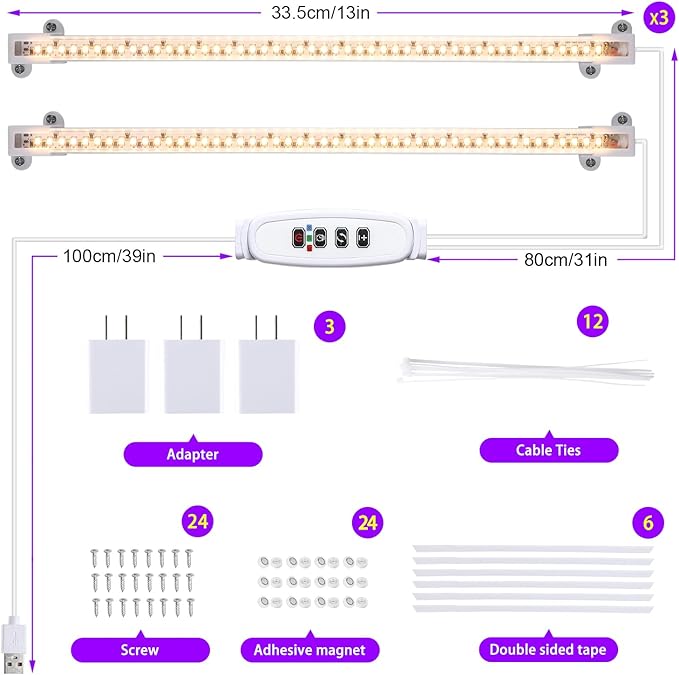 LED Grow Light Strips, Full Spectrum Plant Growing Lights for Indoor Plants 3000K, 144 LEDs Plant Lamp with 3/9/12H Timer, 10 Dimmable Levels, 3 Head 13 Inches (2 Strip 3 Pack 3000K)