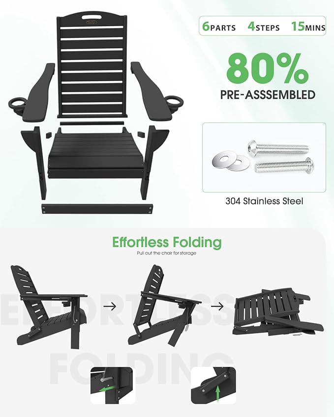 Adirondack Chairs Set of 6, Outdoor Fire Pit Chairs, HDPE All-Weather Adirondack Chairs with Cup Holder, Lawn Chair for Deck, Patio, Garden (Black)