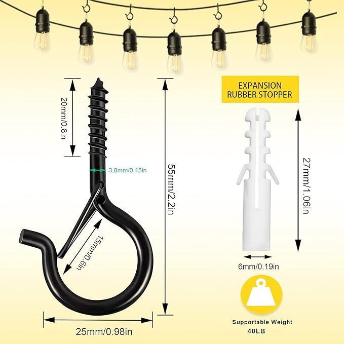 Hooks for Outdoor String Lights, 20 Pack Cup Screw Hooks for Hanging Plants Fairy Led Party Christmas Lights Garage Wind Chimes Black Q Hanger with Safety Buckle Design Easy to Release