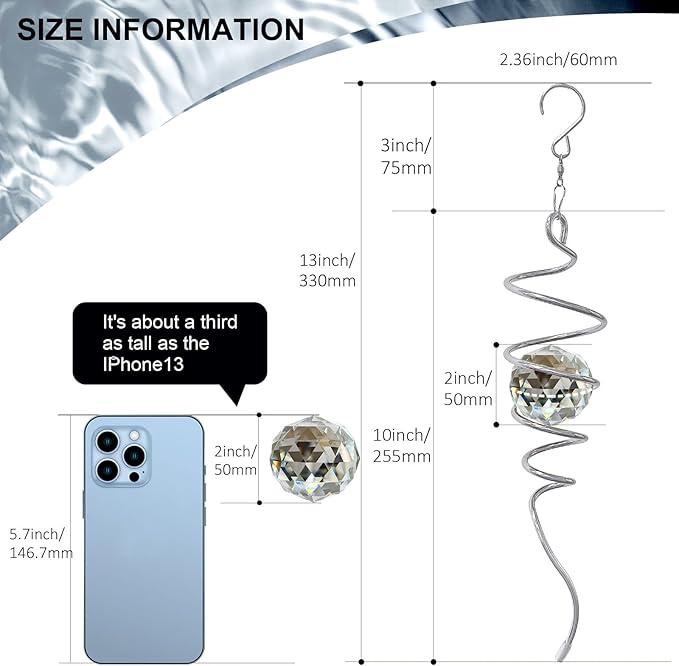 Gazing Ball Spiral Tail, Wind Spinners Stabilizer with Swivel Hook & Clear Crystal Ball, Hanging Suncatcher Decoration, Rainbow Maker Indoor Outdoor Ornaments Creative Decorative Gifts 13"