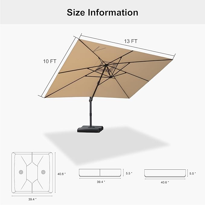 PURPLE LEAF 10' × 13' Patio Cantilever Umbrella with Base Outdoor Rectangle Adjustable Offset Umbrellas with 360-degree Rotation and 8 Heavy Duty Metal Ribs for Garden Deck Pool Beige