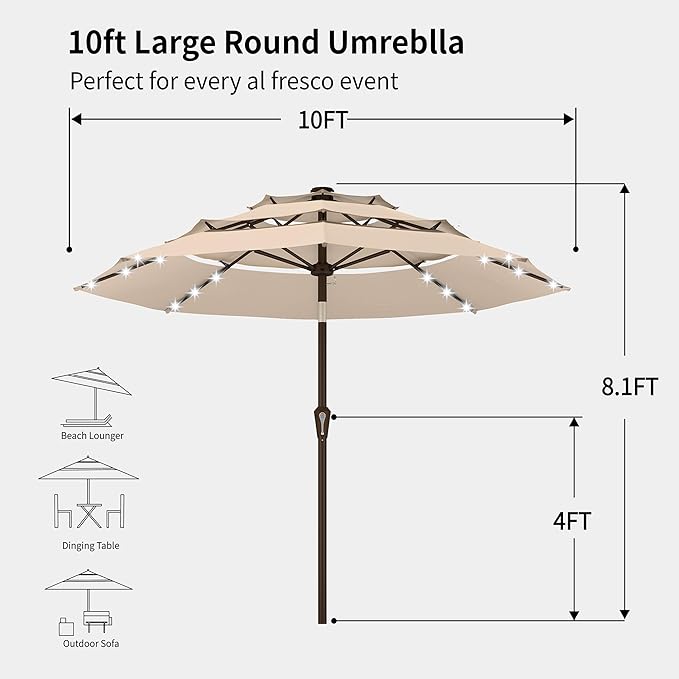 Kingdura 10ft 3-Tier Patio Umbrella with Solar Lights, Table Umbrella Outdoor Patio with Easy Crank & Tilt, 8 Sturdy Ribs, UV Protection, 32 LED Lights for Deck, Poolside, Market (Beige)