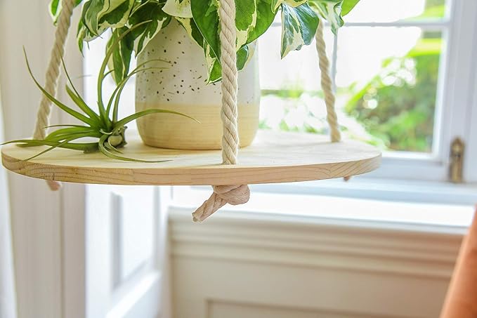 Dahey Hanging Plant Shelf Round Wood Rope Hanging Floating Shelf Vintage Home Decor Display Planter Rack for Living Room Bedroom Kitchen Room,Nature