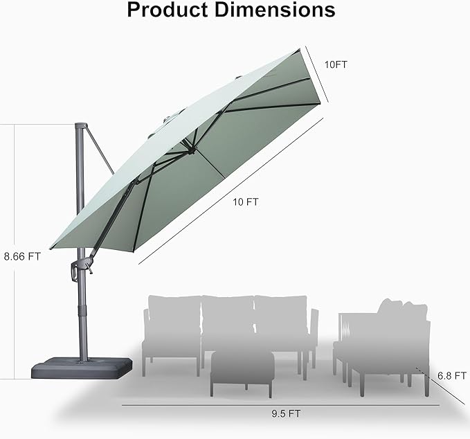 PURPLE LEAF 10 FT Cantilever Patio Umbrella Outdoor Aluminum Offset Square Umbrella with 3 Years Fade Resistance Recycled Fabric and 360-degree Rotation for Deck Pool Garden, Mint Green