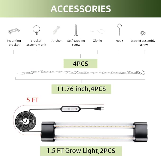 18inch 2 Pack LED Grow Lights - Linkable Grow Lights for Indoor Plants, Full Spectrum Plant Lights Plug and Hanging Design with Auto On/Off Timer Hanging Grow Light from Seedling to Flowering