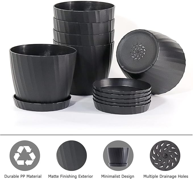 7 Inch Plant Pots Bulk, 6 Pack Plastic Planters with Drainage Holes and Saucers for Indoor Outdoor House Plants and Flowers, Black