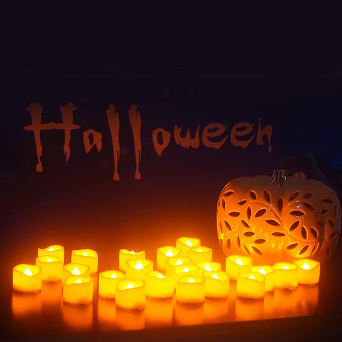 CANDLE CHOICE Battery Operated Flameless Tea Lights Orange Flickering LED Electric Fake Votive Tealight Candles Halloween Pumpkin Thanksgiving Christmas Decorations Centerpieces 24 Pack Batteries Incl