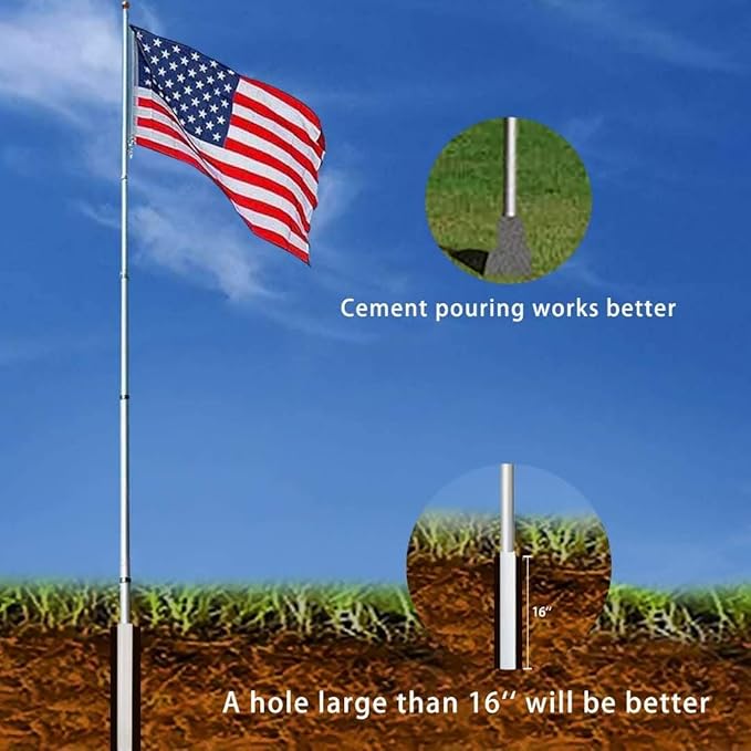 30FT Telescoping Flag Pole Kit, Heavy Duty 16 Gauge Aluminum Outdoor In Ground Flag Poles with Embroidered 3x5 USA Flag, for Residential or Commercial,Garden,Yard Flag Poles