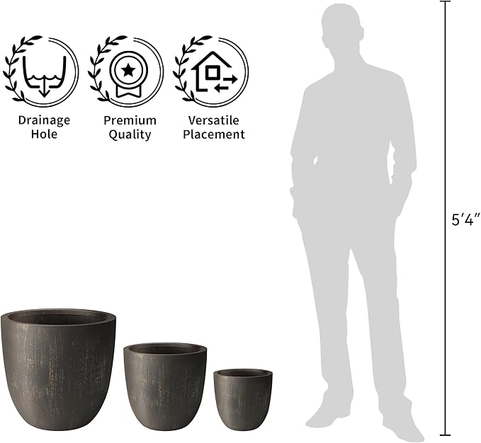 Kante 18 Inch Dia Round Concrete Planter, Indoor Outdoor Large Plant Pot with Drainage Hole and Rubber Plug for Home Patio Garden, Oil Rubbed Bronze