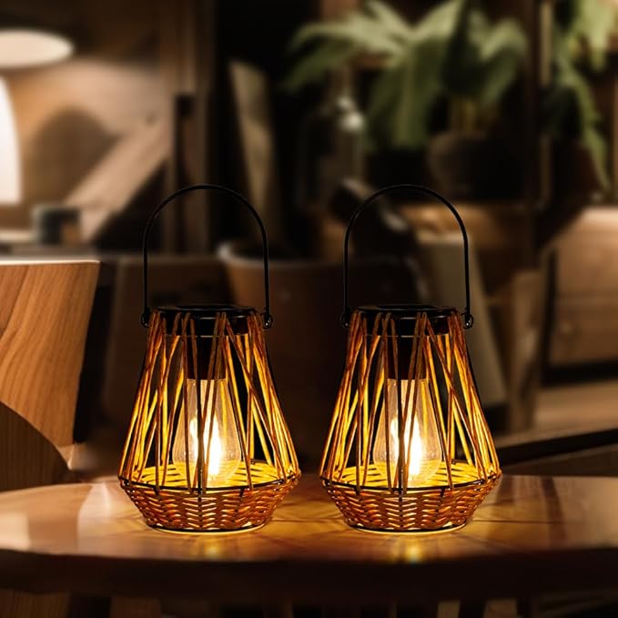 Solar Lanterns,2 Pack Hanging Solar Lantern Outdoor Lanterns for Patio Waterproof,Rattan Lantern with Handle,Decorative Retro Rattan Lights for Yard