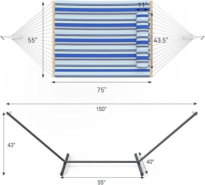 2 Person Outdoor Hammock with Stand, Cotton Rope Hammock with Polyester Pad, Adjustable Steel Frame, Portable with Carrying Bag – for Patio, Backyard, Garden, Beach, Blue Stripe