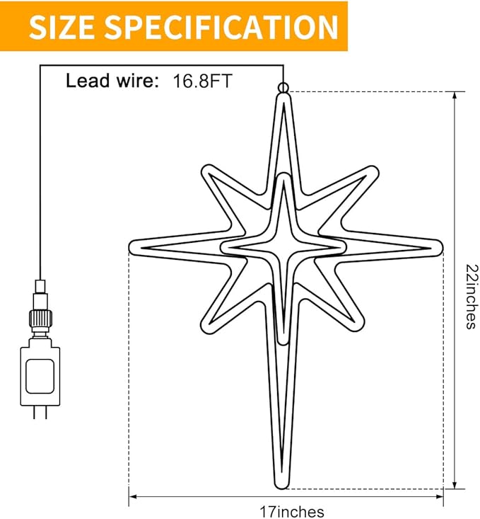 22" Bethlehem Star Outdoor Christmas Lights 90 LEDs Christmas Tree Lights Hanging Lights Mains Powered Polaris Christmas Decorations,Star of Bethlehem Lights for New Year Holiday Wedding Party Decor