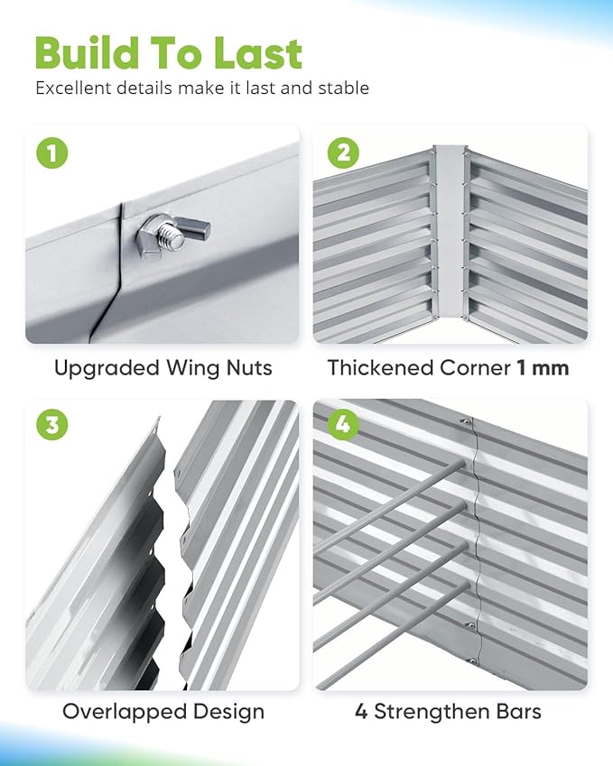 Quictent Galvanized Raised Garden Bed 8x4x2 Ft Tall Metal Planter Box for Vegetables Outdoor Bottomless for Backyard, 2 Tomato Cages Included, 22.04" Deep (Silver)