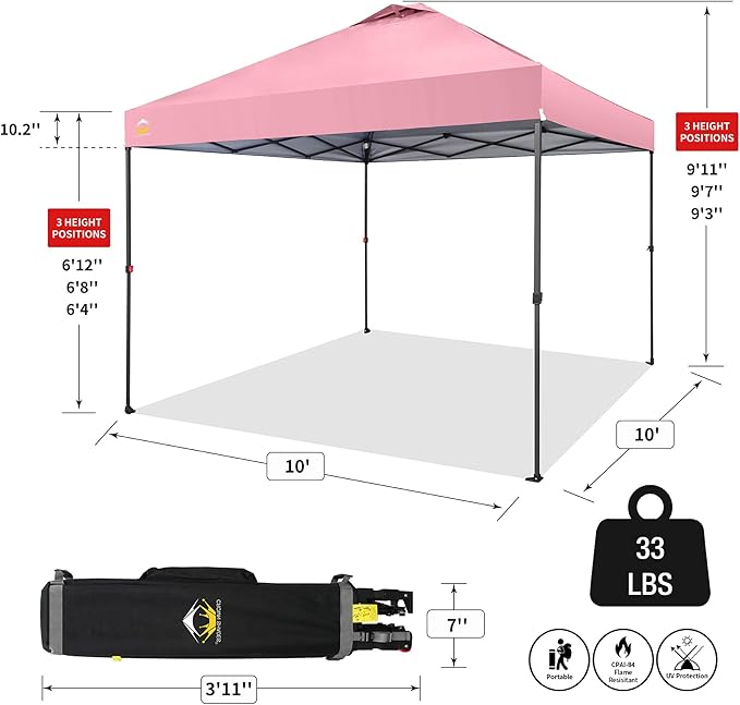 CROWN SHADES 10x10 Pop Up Canopy Tent - Patented Center Lock One Push Instant Outdoor Canopy Beach Tent with STO-N-Go Bag 8 Stakes & 4 Sand Bags,Pink