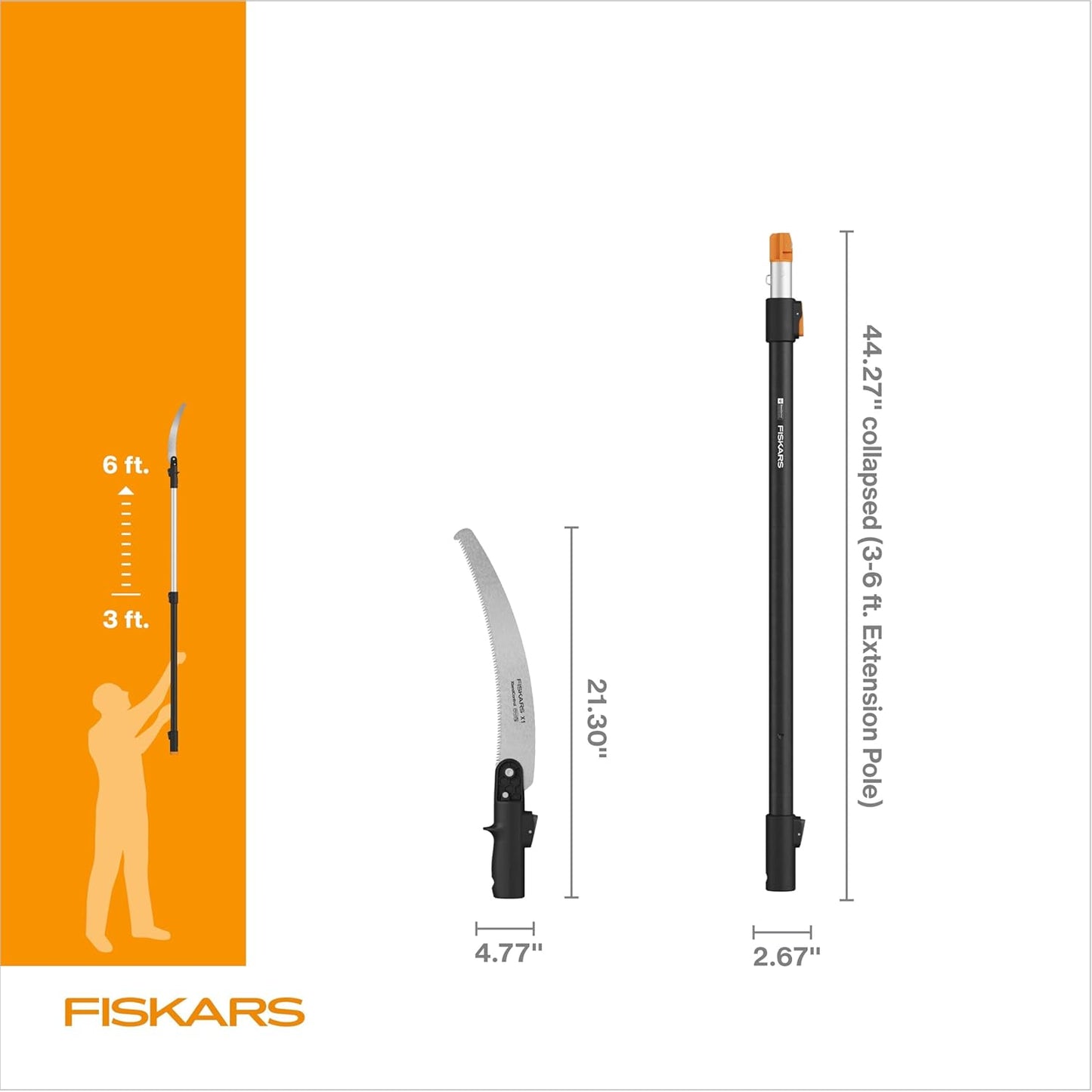 Fiskars XtendControl Extendable Tree Pruner (6 ft), Adjustable Branch Trimmer with 15" X1 Saw with Hand Saw Option, 3-6 ft Extension Pole, and Secure Locking System for Precision Cutting