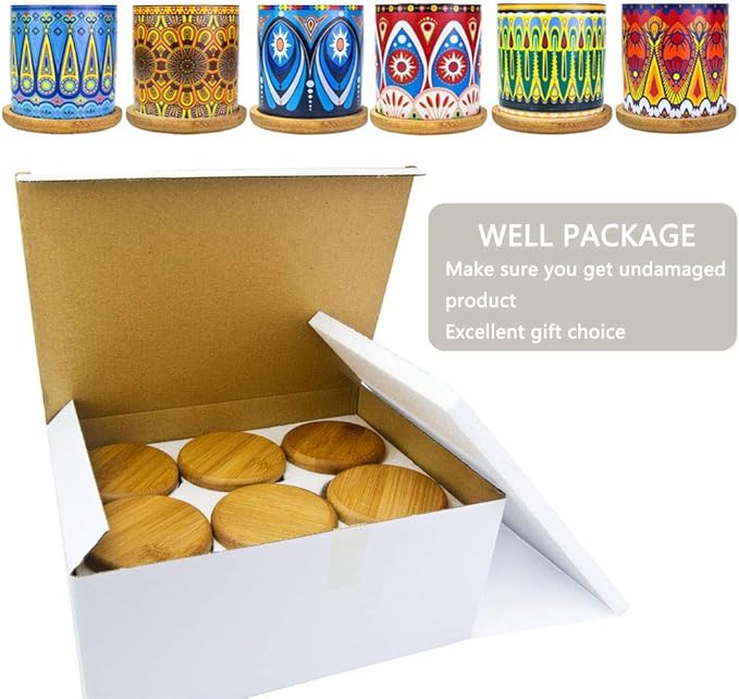 Mandala Succulent Pot with Drainage Hole & Bamboo Coaster, Small Plant Pots, Bohemian Ceramic Succulent Planter Pot for Small Plant-6 Pack