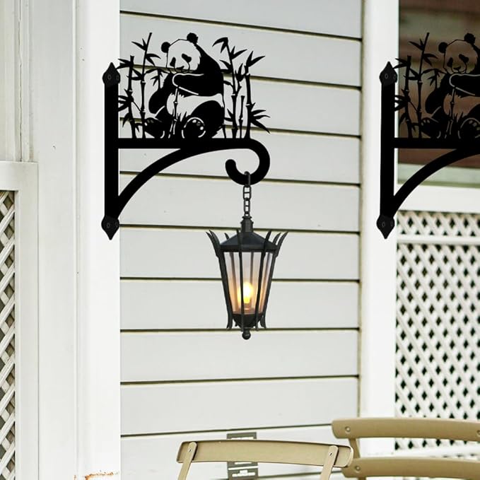 Peacoblue Iron Plant Hangers Holder for Outdoor Indoor Hanging Plants Flower Fern Pots Lantern Bird Feeder Wind Chimes, 12”x14” Weather Resistant Metal Wall Bracket Hooks for Porch Garden House(Panda)