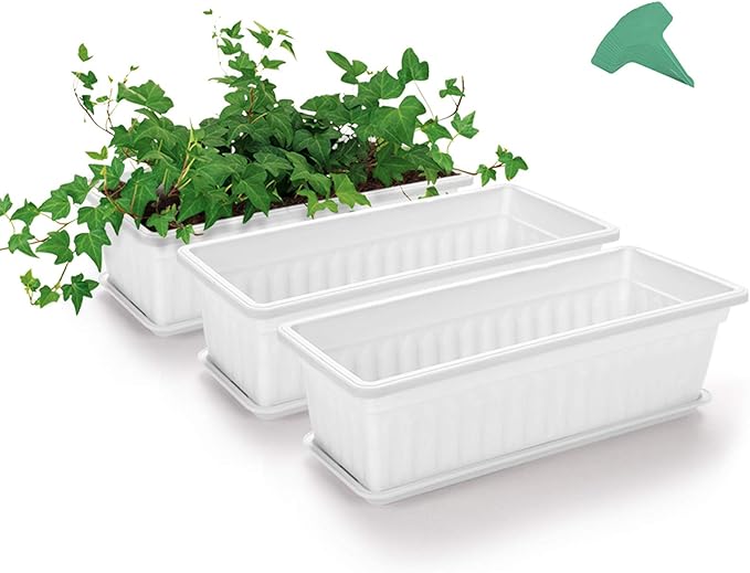 GROWNEER 3 Packs 17 Inches White Flower Window Box Plastic Vegetable Planters Long Pots with 15 Pcs Plant Labels for Outdoor Indoor Windowsill Patio Garden Home Decor Porch