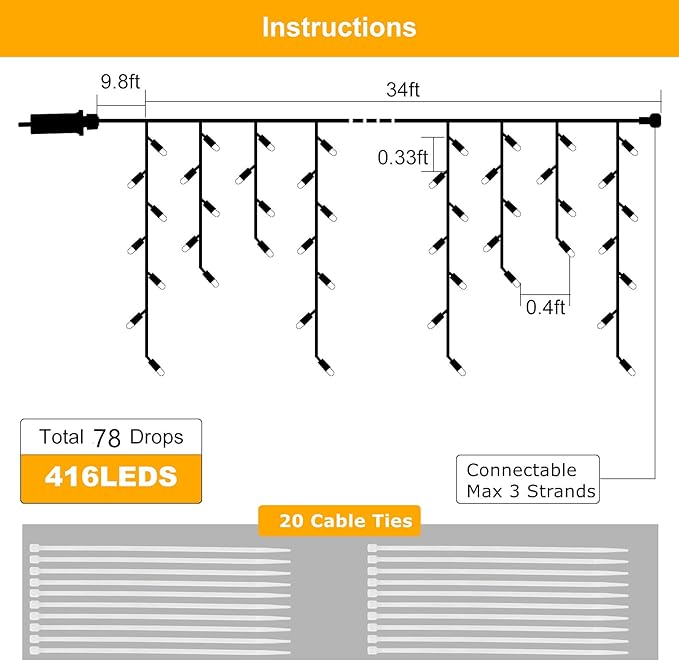 DDMY Christmas Lights Outdoor Decorations 416 LEDs 34 FT 8 Modes Curtain String Light with 78 Drops, Waterproof Clear Wire LED Light for Christmas Party Decor, House, Garden, Yard Decoration