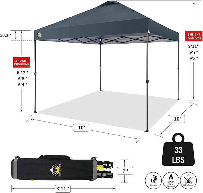 CROWN SHADES 10x10 Pop Up Canopy Tent - Patented Center Lock One Push Instant Outdoor Canopy Beach Tent with STO-N-Go Bag 8 Stakes & 4 Sand Bags,Grid Grey