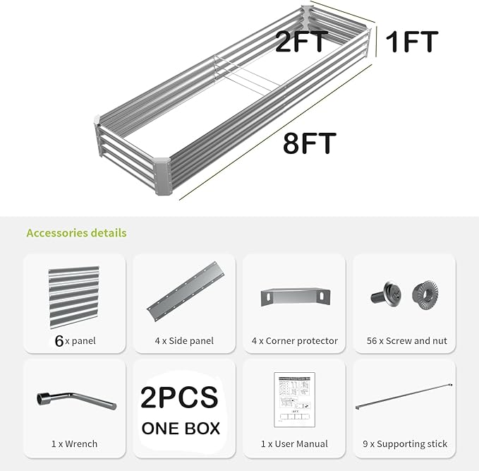 8X2X1FT-2P Galvanized Raised Garden Beds Outdoor // Planter Raised Beds for Gardening, Vegetables, Flowers, Large Metal Garden Box,Deep Plant Flower pots Outdoor.