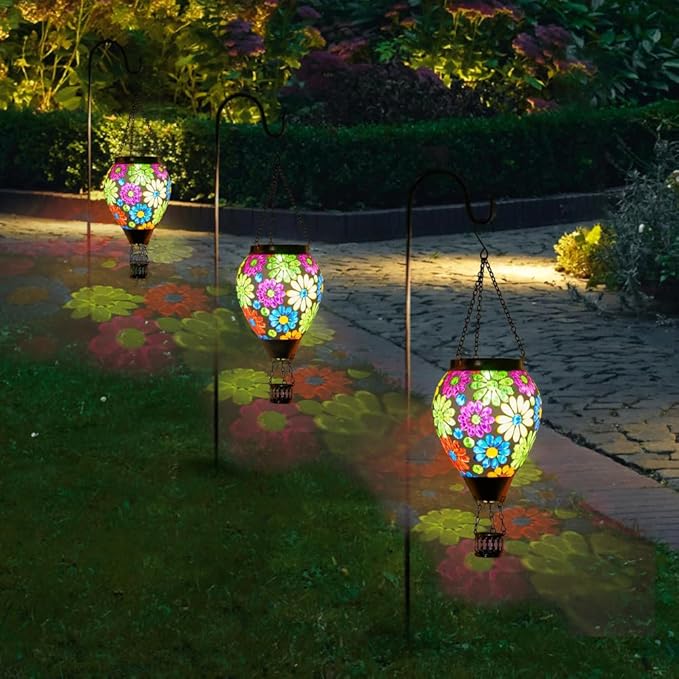Starsoul Mosaic Flowers Hot Air Balloon Solar Lantern Glass Outdoor Hanging Hot Air Balloon Solar Flickering Flame Light Waterproof Garden Patio Yard Party Decorations
