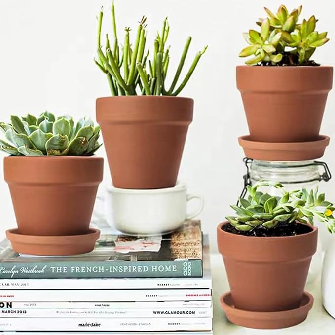 6 PCS Clay pots and Plates, 5-inch red Clay pots with Drainage, Perfect for Indoor, windowsill, and Garden Plants