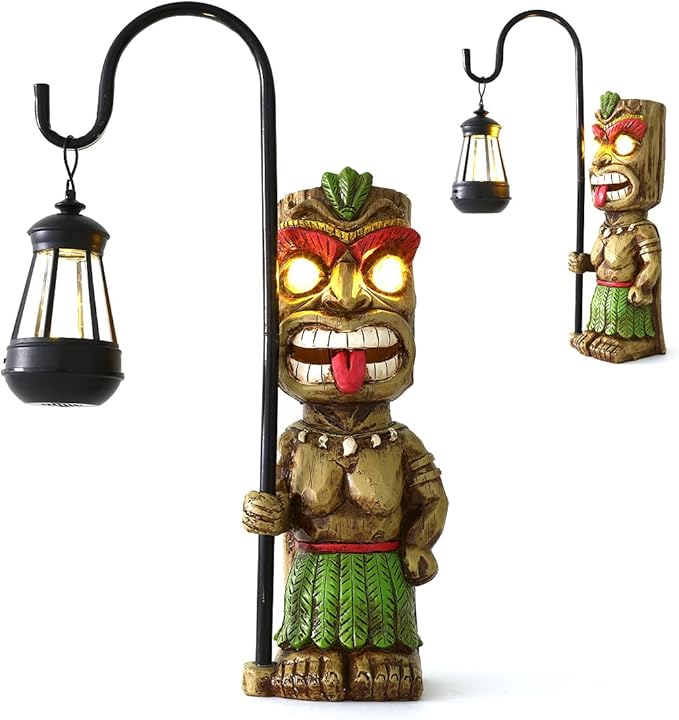 16.7" H Tiki Decor Garden Statue,Large Lantern Tiki Figurine with Solar Lights,Hawaiian Tiki Man Outdoor Patio Yard Lawn Bar Party Beach Pool Pond Halloween Christmas Decoration Ornament Gifts