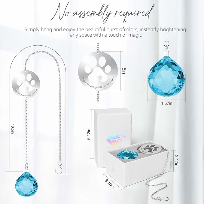 Dog Memorial Gifts, Unique Loss of Pet Sympathy Idea, Sky Blue Crystal Ball Rainbow Suncatcher with Paw Print for Cat or Dog Remembrance and Bereavement