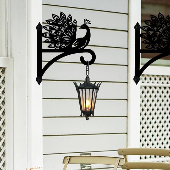 peacoblue Iron Plant Hangers Hooks for Outdoor Indoor Hanging Plants Flower Fern Pots Lantern Bird Feeder Wind Chime,12"x15.5" Weather Resistant Metal Wall Holder for Porch Garden Farmhouse(Peacock)