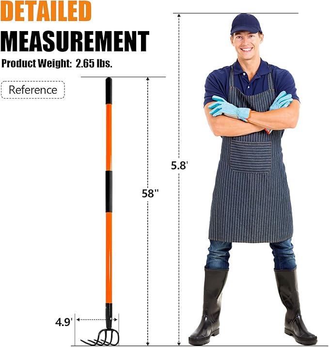 Cultivator for Gardening, 4 Tines Garden Cultivator with Fiberglass Handle, 58 Inches