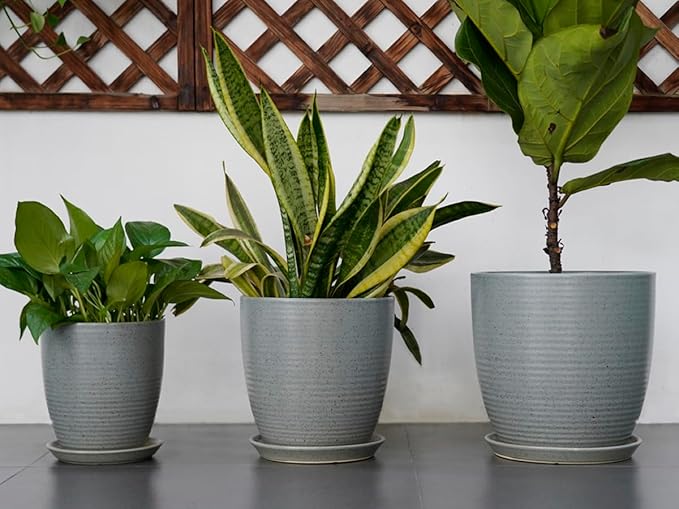 12 Inch Plant Pot, Ceramic Planter Pot with Drainage Hole and Saucer Round Large Flower Pot for Indoor Plants, Light Gray